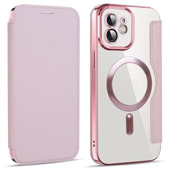 Telefoonhoesje voor iPhone 12 6.1 inch, Compatibel met MagSafe RFID Blokkerende Kaartsleuven Volledige Bescherming PU Leer+TPU Elektroplateren Transparante Achterkant Flip Case met Lensfilm