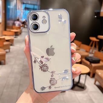 Voor iPhone 12 6.1 inch Slank Bloemenpatroon Anti-drop Telefoon Achterkant Strass Decor Zacht TPU Galvaniseren Scratch Telefoonhoesje