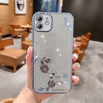 Telefoonhoes met strass decor voor iPhone 12 6,1 inch, anti-drop bloemenpatroon glitter poeder TPU galvaniserende hoes