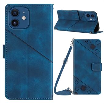 PT005 YB Imprinting Series-7 voor iPhone 12 / 12 Pro Wallet Stand Phone Case bedrukte lijnen lederen hoes met schouderriem