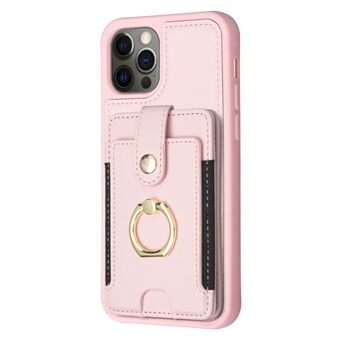 BF27 Voor iPhone 12 / 12 Pro 6.1 inch Schokbestendig Hoesje Ring Kickstand PU+TPU Telefoon Cover met Kaarthouder