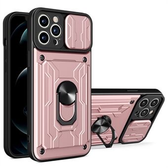 Multifunctionele PC + TPU Telefoon Case Kickstand Kaarthouder Beschermhoes met Slide Camera Protector voor iPhone 12 Pro 6.1 inch