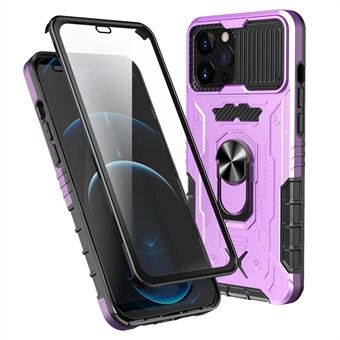 Ring Kickstand PC + TPU Hybride Telefoonhoes voor iPhone 12 6.1 inch/12 Pro 6.1 inch, Gehard Glas Folie Volledige Beschermhoes