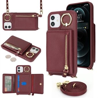 Voor iPhone 12 / 12 Pro Hoes Kaartenhouder Ringhouder Litchi Textuur Leer+TPU Telefoonhoes met Lange Band