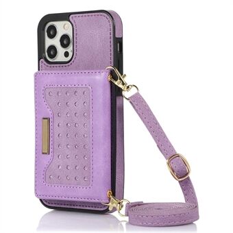 Voor iPhone 12/12 Pro 6.1 inch Strass Decor Portemonnee Kickstand Telefoon Cover RFID Blokkeren Leer Gecoat TPU Case met Schouderriem