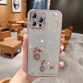 Voor iPhone 12 Pro 6,1 inch Strass bloemenpatroon Decor Glitterpoeder TPU-hoes Anti-drop telefoonhoes