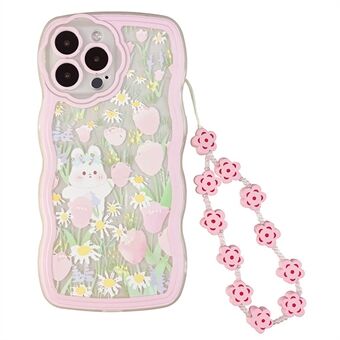 Voor iPhone 12 Pro Rabbit Flower Pattern TPU-hoes Beschermende doorzichtige telefoonhoes met polsketting