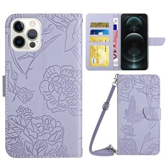 Shockproof Phone Case for iPhone 12 Pro Max 6.7 inch PU Leather Butterfly Flowers Imprinting Folio Flip Cover Wallet Stand Case with Shoulder Strap