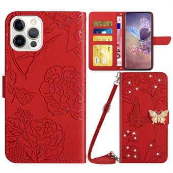 Voor iPhone 12 Pro Max 6.7 inch Vlinder Bloemen Bedrukt Strass Decor Telefoon Cover Portemonnee Horizontale Stand Lederen Case met Schouderriem