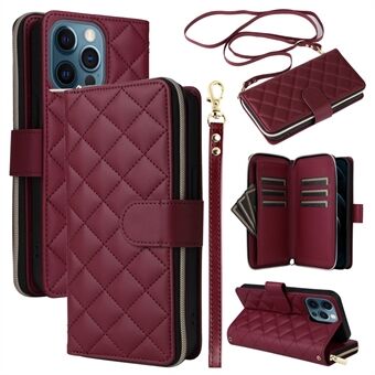 Voor iPhone 12 Pro Max Wallet Case met Ruitjespatroon Lederen Telefoonhoes met Korte / Lange Bandjes.