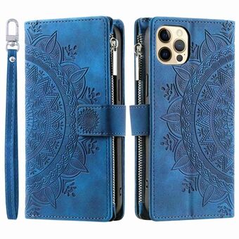 Voor iphone 12 Pro max 6,7 inch mandala bloem bedrukt drop-proof telefoonhoes Stand met meerdere kaartsleuven ritsvak portemonnee pu lederen telefoonhoes met riem