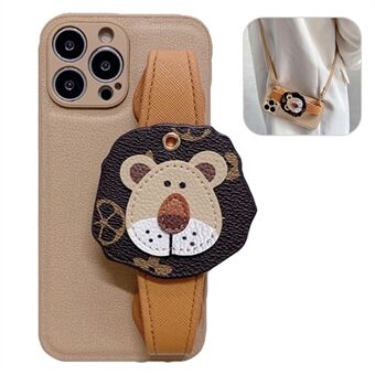 Voor iPhone 12 Pro Max 6.7 inch Cartoon Leeuw Polsband Achterkant Scratch PU-leer Gecoat TPU Shell met schouderriem