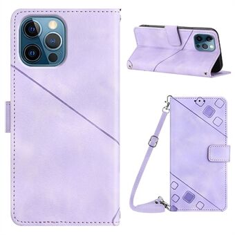 PT005 YB Imprinting Series-7 lederen telefoonhoes voor iPhone 12 Pro Max bedrukte lijnen Wallet Stand Cover met schouderriem