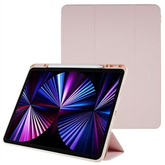 For iPad Pro 12.9-inch (2021) Skin-touch PU Leather Tablet Case Magnetic Detachable Trifold Stand Cover with Camera Lens Frame