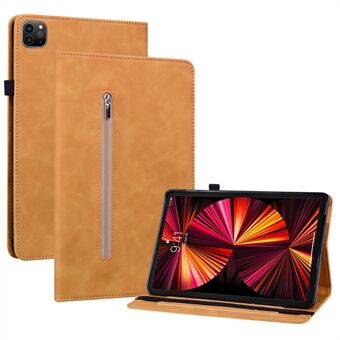 For iPad Pro 12.9-inch (2020)/(2021) Solid Color Tablet Case with Zipper Pocket Shockproof PU Leather Tablet Protective Cover Wallet Design Stand Reinforced Covering Shell