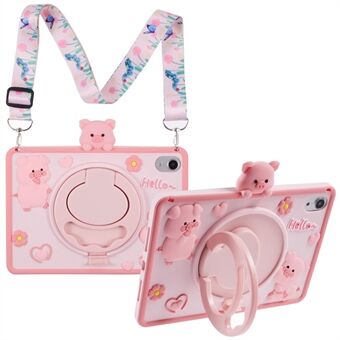 Voor iPad mini (2024) / mini (2021) Silicone Hoes met Schouderriem Standaard Cartoon Varken Tablet Bescherming