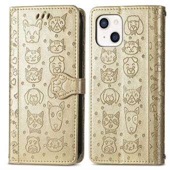 Opdruk Kat Hond Patroon Ontwerp PU lederen hoes Stofdicht hoesje voor iPhone 13 6.1 inch