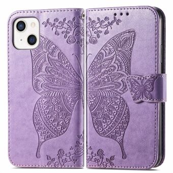 Valbestendige Big Butterfly Imprinting lederen portemonnee hoes met riem voor iPhone 13 6.1 inch