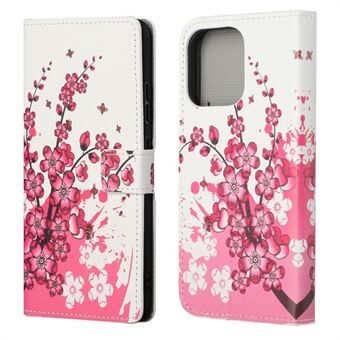 Full Body Beschermend Patroon Afdrukken PU-lederen portemonnee Magnetische sluiting Schokbestendig Stand Functie Flip Folio Cover Cover voor iPhone 13 - Plum Blossom