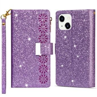 Sparkling Starry Style Laser Carving Rits Portemonnee Stand Volledige Bescherming Lederen Telefoon Case Cover voor iPhone 13 6.1 Inch