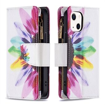 BF03 Stijlvolle patroonafdrukken Volledige bescherming met ritssluiting Portemonneeontwerp Anti-drop Stand Phone Cover voor iPhone 13 6.1 Inch