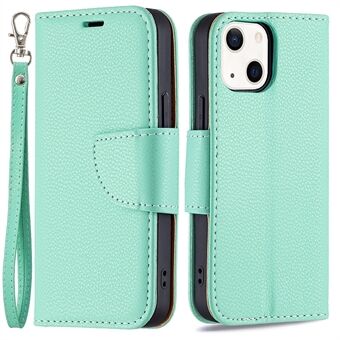 Effen kleur Litchi-textuur PU lederen telefoon portemonnee hoes met riem voor iPhone 13 6.1 inch
