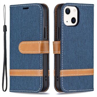 Jeans Stof Kleur Splicing Lederen Stand Portemonnee Telefoon Case Cover voor iPhone 13 6.1 inch