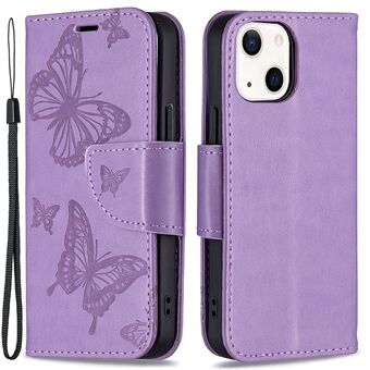 Opdruk Butterfly PU-lederen flip-portemonnee-hoes met Stand en polsband voor iPhone 13 6.1 inch