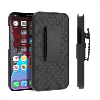 Stijlvolle geweven textuur Krasbestendige draaibare riemclip Standaard PC + TPU Hybrid Cover voor iPhone 13 6.1 inch - Zwart