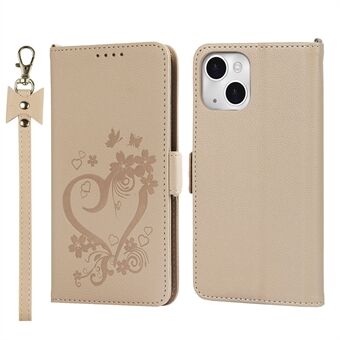 Heart Imprint Wallet Holder Stand Full body cover met polsbandje voor iPhone 13 6,1 inch