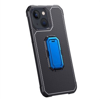 Carbon Fiber Texture TPU beschermende telefoon achterkant met verborgen opvouwbare ondersteuning voor iPhone 13 6.1 inch