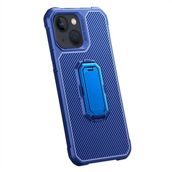 Carbon Fiber Texture TPU beschermende telefoon achterkant met verborgen opvouwbare ondersteuning voor iPhone 13 6.1 inch