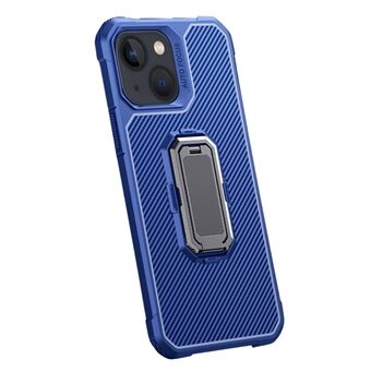 Carbon Fiber Texture TPU beschermende telefoon achterkant met verborgen opvouwbare ondersteuning voor iPhone 13 6.1 inch