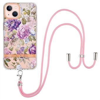 YB IMD-serie TPU-telefoonhoes voor iPhone 13 6.1 inch, verstelbare schouderriem gegalvaniseerd met bloemenpatronen IML-telefoonhoes