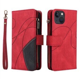 KT Multi-function Series-5 for iPhone 13 6.1 inch Multiple Card Slots Bi-color Splicing Cover Stand Zipper Pocket Leather Anti-drop Cell Phone Case