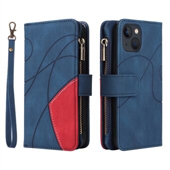 KT Multi-function Series-5 for iPhone 13 6.1 inch Multiple Card Slots Bi-color Splicing Cover Stand Zipper Pocket Leather Anti-drop Cell Phone Case