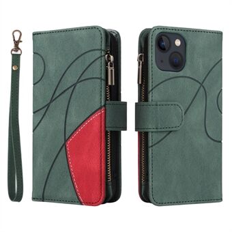 KT Multi-function Series-5 for iPhone 13 6.1 inch Multiple Card Slots Bi-color Splicing Cover Stand Zipper Pocket Leather Anti-drop Cell Phone Case