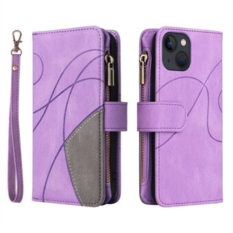 KT Multi-function Series-5 for iPhone 13 6.1 inch Multiple Card Slots Bi-color Splicing Cover Stand Zipper Pocket Leather Anti-drop Cell Phone Case