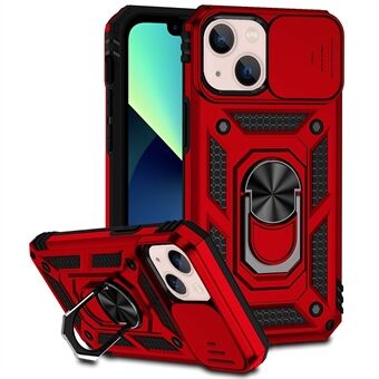 Voor iPhone 13 6.1 inch Anti- Scratch Mobiele Telefoon Case Ring Kickstand Hybrid PC + TPU Shell met Slide Camera Beschermhoes