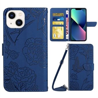 For iPhone 13 6.1 inch Skin-soft Touch PU Leather Folio Wallet Case Imprinted Butterfly Flower Pattern Stand Magnetic Protect Flip Cove with Shoulder Strap