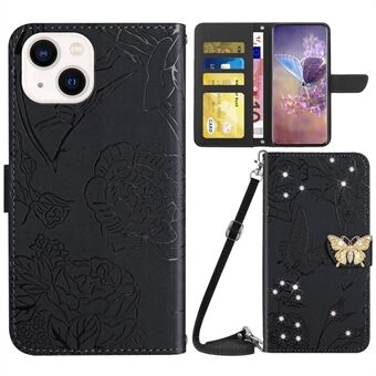 Voor iPhone 13 6.1 inch Telefoon Flip Wallet Case, Vlinder Bloemen Bedrukt Strass Decor PU Lederen Beschermende Telefoon Cover Stand met Schouderriem