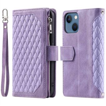 005 Stijl Portemonnee Rhombus Textuur Case voor iPhone 13 6.1 inch, Ritsvak PU Lederen Telefoon Stand Cover met Polsband