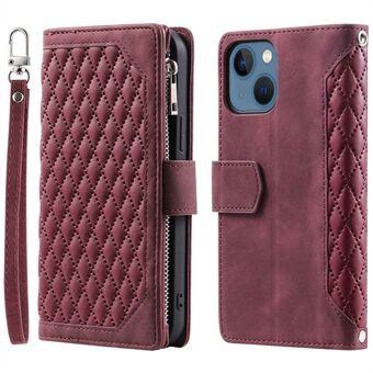 005 Stijl Portemonnee Rhombus Textuur Case voor iPhone 13 6.1 inch, Ritsvak PU Lederen Telefoon Stand Cover met Polsband