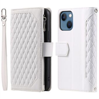 005 Stijl Portemonnee Rhombus Textuur Case voor iPhone 13 6.1 inch, Ritsvak PU Lederen Telefoon Stand Cover met Polsband