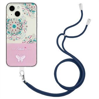 Voor iPhone 13 6.1 inch vlinderpatroon reliëf gelakt ontwerp hoesje Flexibele TPU schokbestendige hoes met lanyard