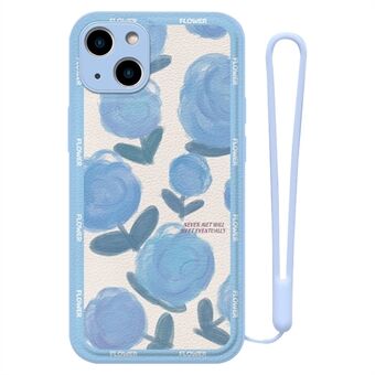 Voor iPhone 13 6.1 inch Embossment Bloempatroon Leer Gecoat TPU Case Anti- Scratch Mobiele Telefoon Cover met Handriem: