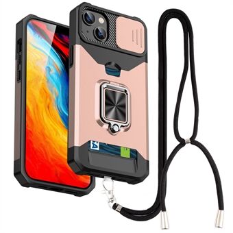 Voor iPhone 13 6.1 inch Kaarthouder Telefoon Shell Hard PC + TPU Kickstand Telefoon Case met Riem en Slide Camera Cover: