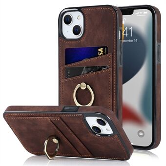 Ring Kickstand Case voor iPhone 13 6.1 inch, Retro PU-leer gecoate TPU-kaartsleuven Telefoonhoes