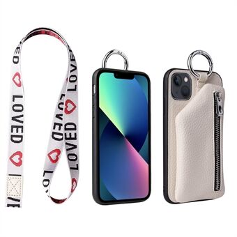 Voor iPhone 13 6.1 inch Afneembare Portemonnee PU Leer Gecoat TPU Telefoon Case Ritsvak Beschermhoes met Lanyard