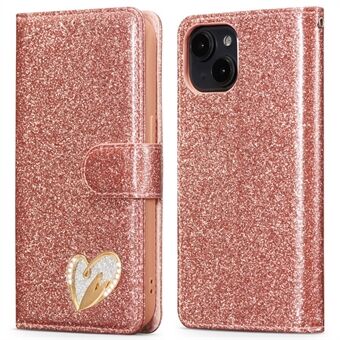 Voor iPhone 13 Glitter Leren Hoes met Diamanten Liefde Hart Portemonnee Standaard Flipcover